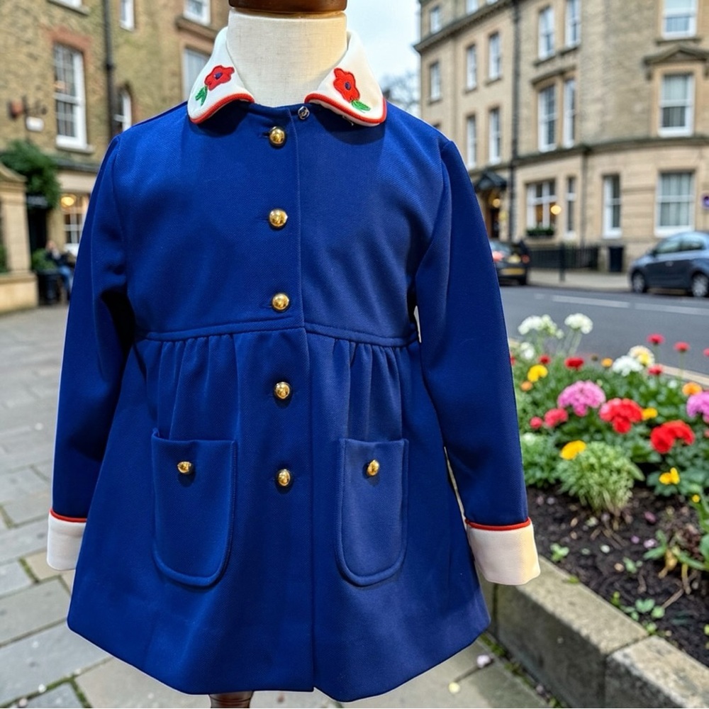 Vintage Navy Girls Dress & Coat Set Embroidered Floral Collar Classic 24M/2T - Picture 7 of 12